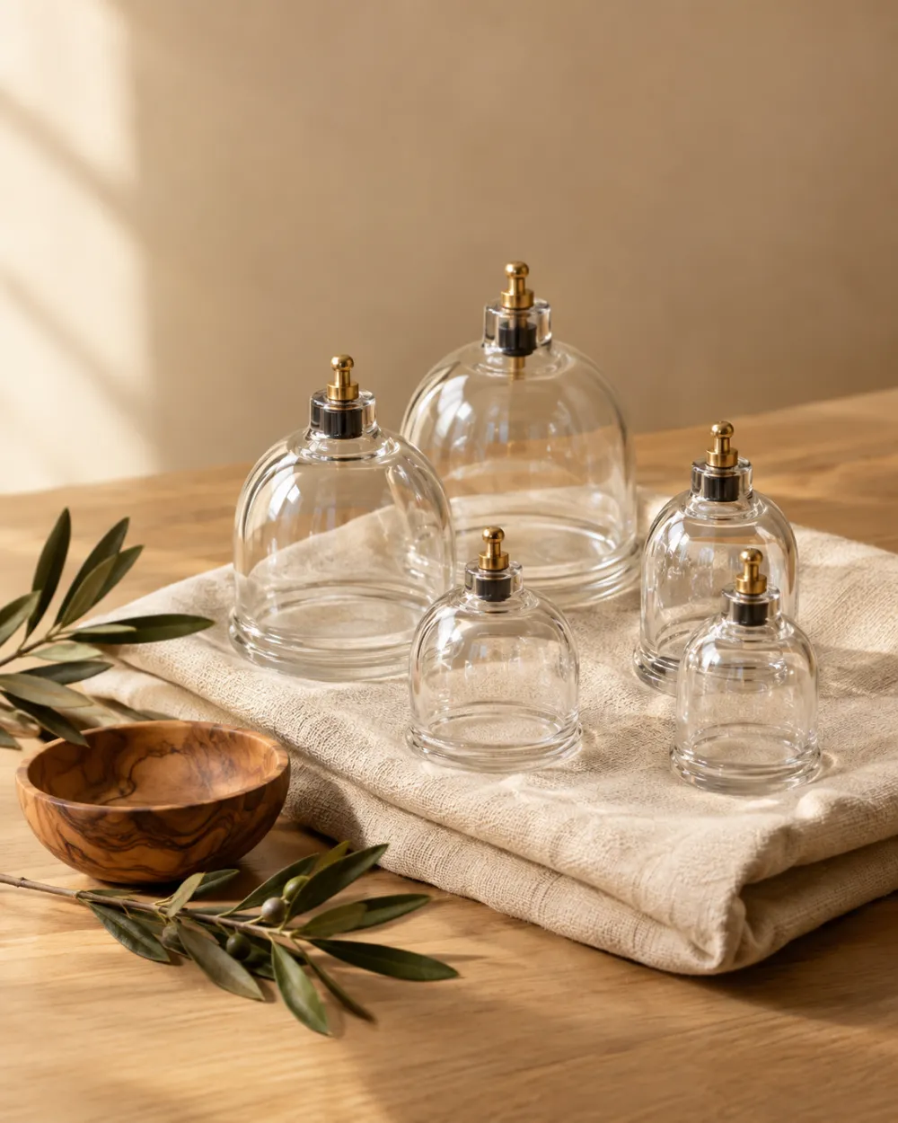 Ventouses de hijama en verre posées sur un linge