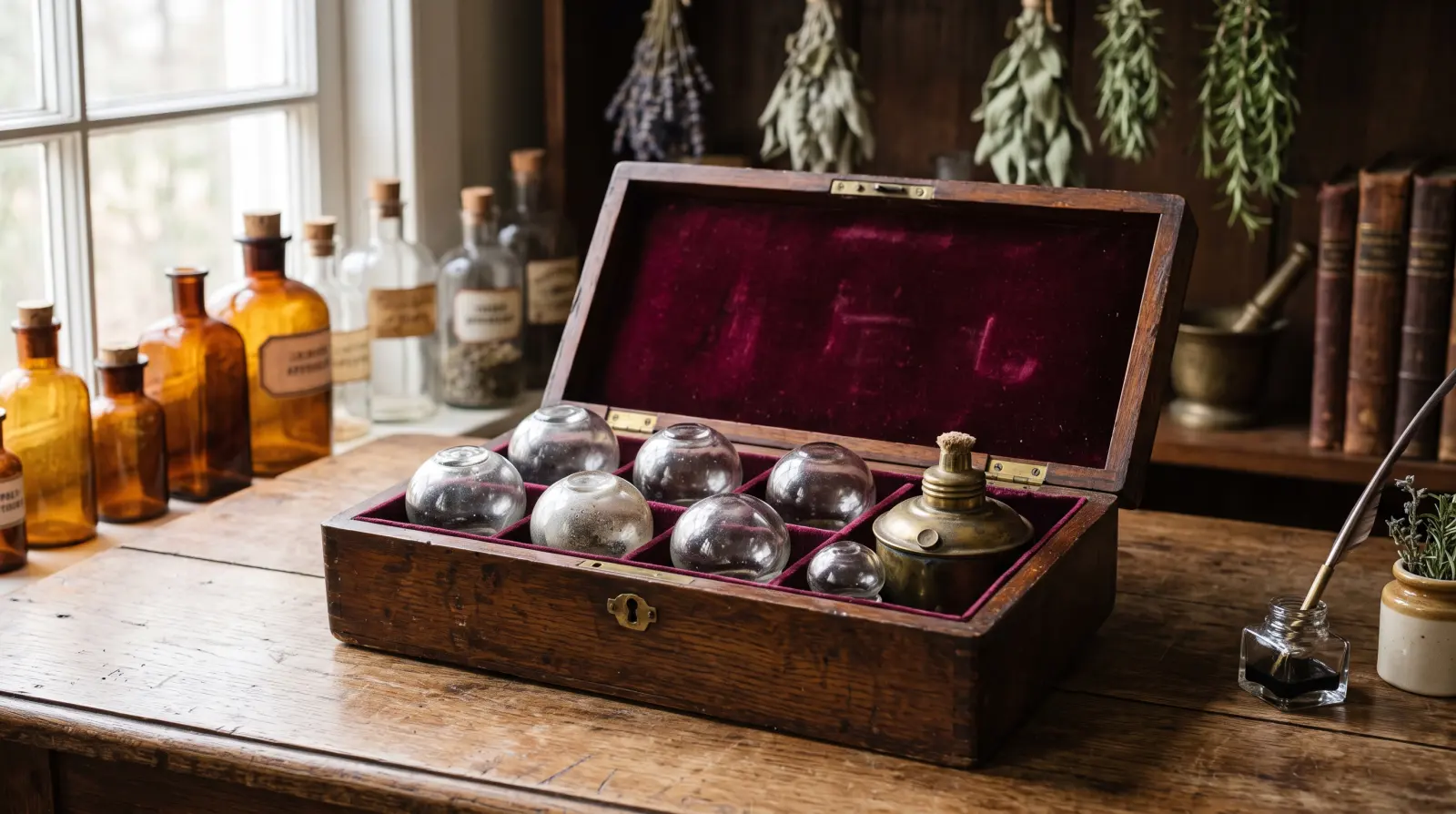 Coffret d'apothicaire du XIXe siècle avec des ventouses en verre