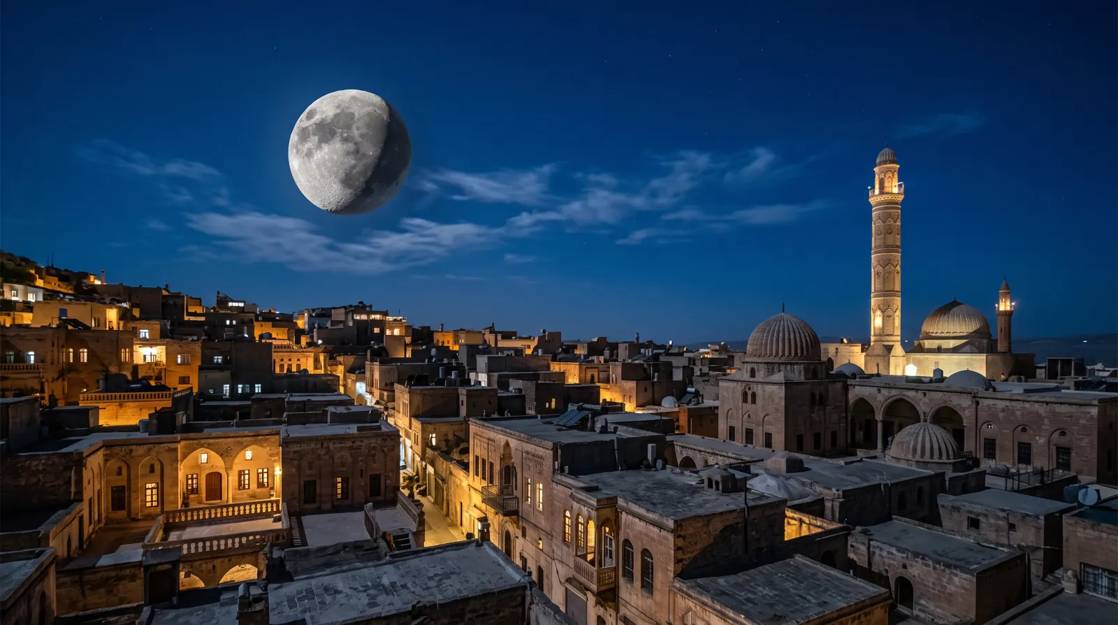 La lune décroissante au-dessus d'une vieille ville