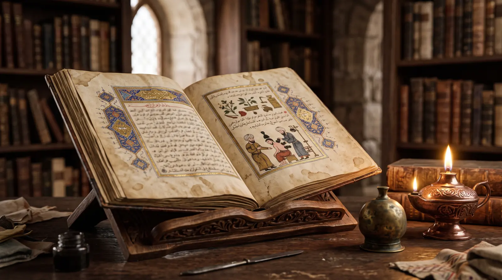 Manuscrit médical ancien du monde islamique, ouvert sur un pupitre